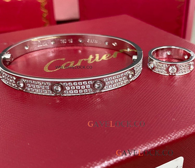 Iced Out Cartier Love Jewelry Silver Ring & Bracelet Set
